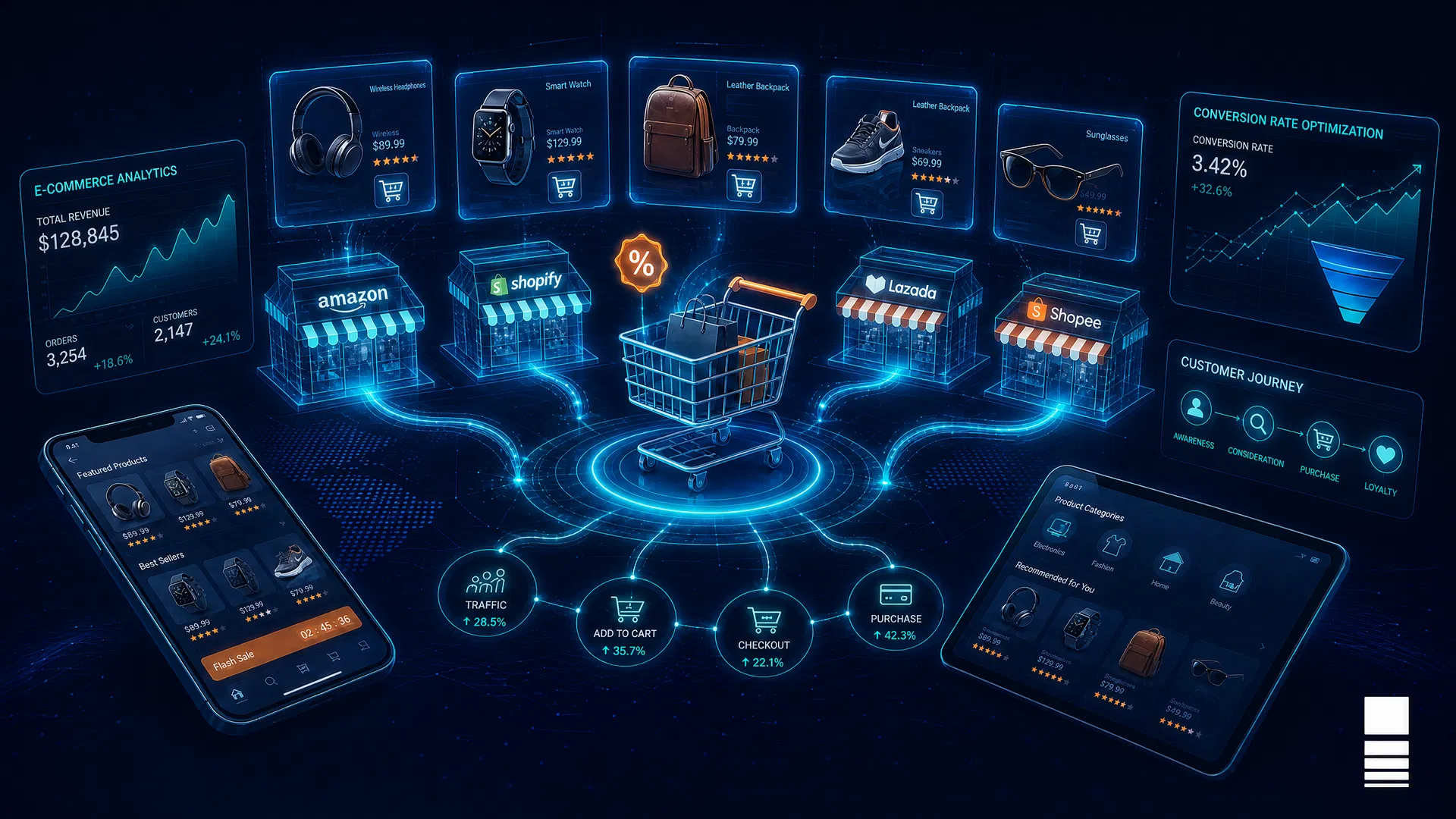 E-commerce ecosystem with marketplace storefronts and analytics