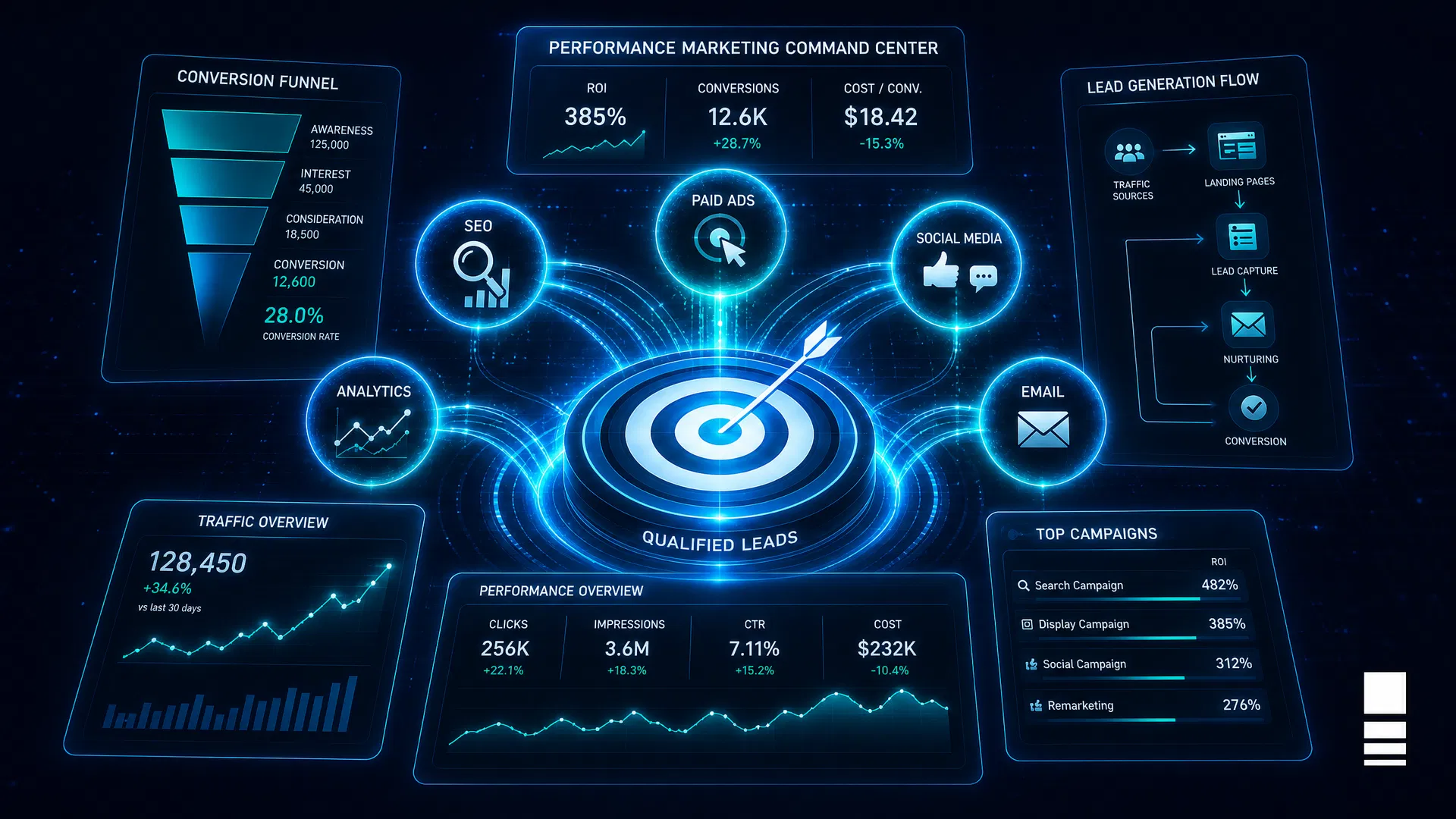 Performance marketing command center with conversion funnels and ROI metrics